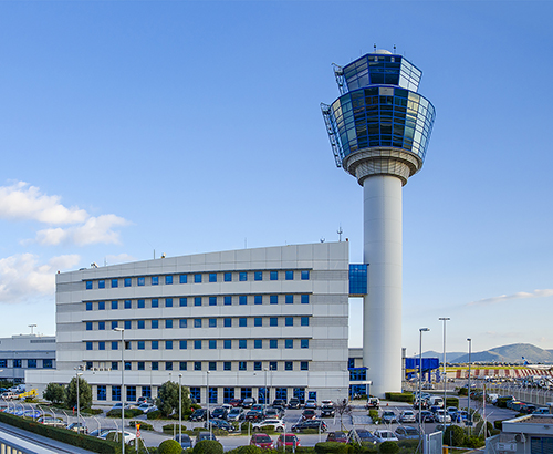 Panoramic view of Athens International Airport - Eleftherios Venizelos and air Traffic Control Tower (TWR) in Spata. Attica - Greece